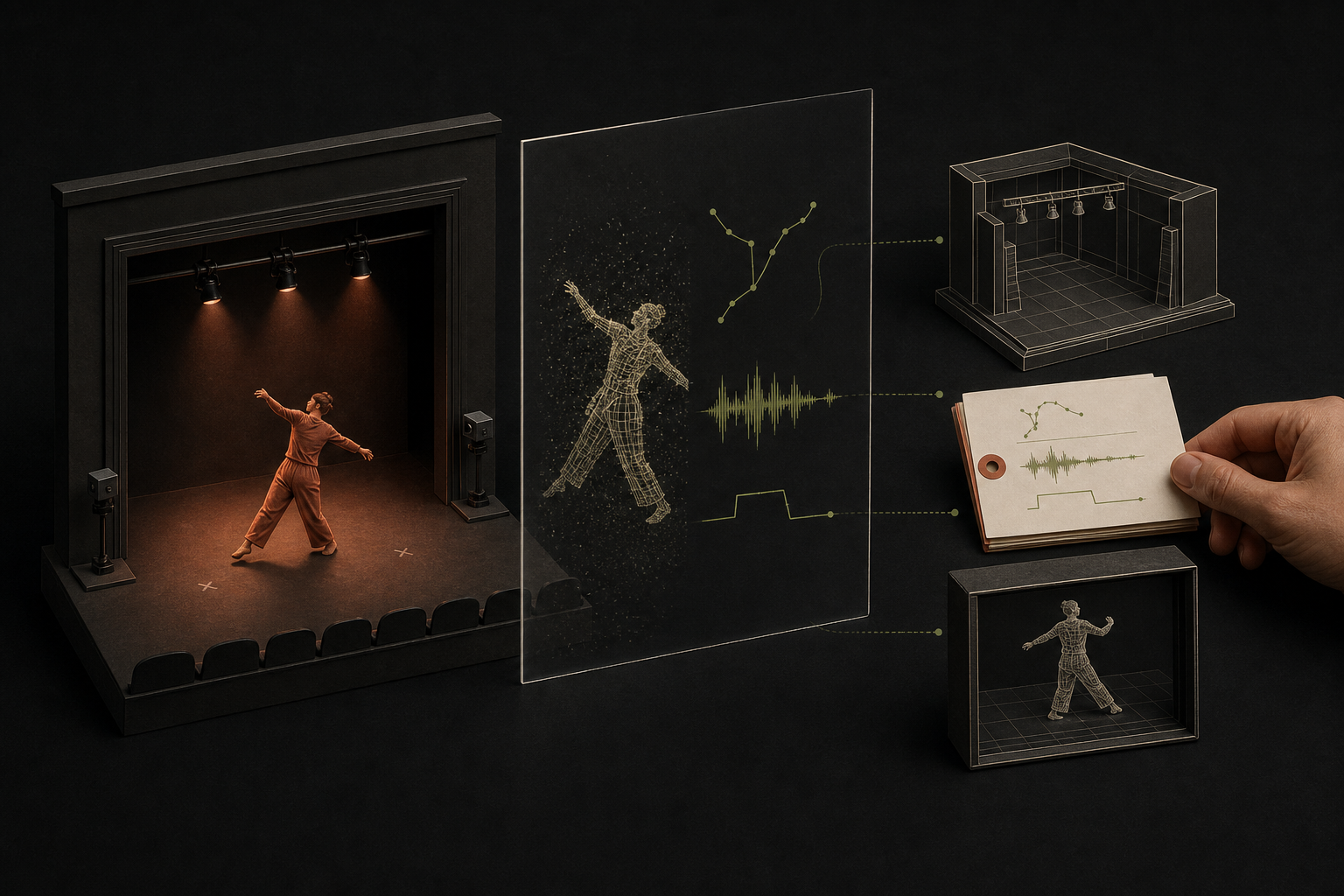 Un performer su un palcoscenico teatrale attraversa una lastra di acquisizione e diventa un modello tridimensionale collegato a un archivio e a un ambiente XR.